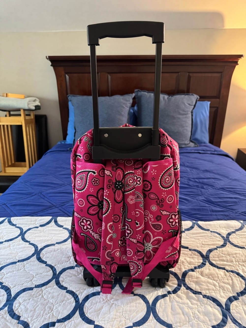Rockland Pink Paisley Rolling Backpack - Picture 3 of 3